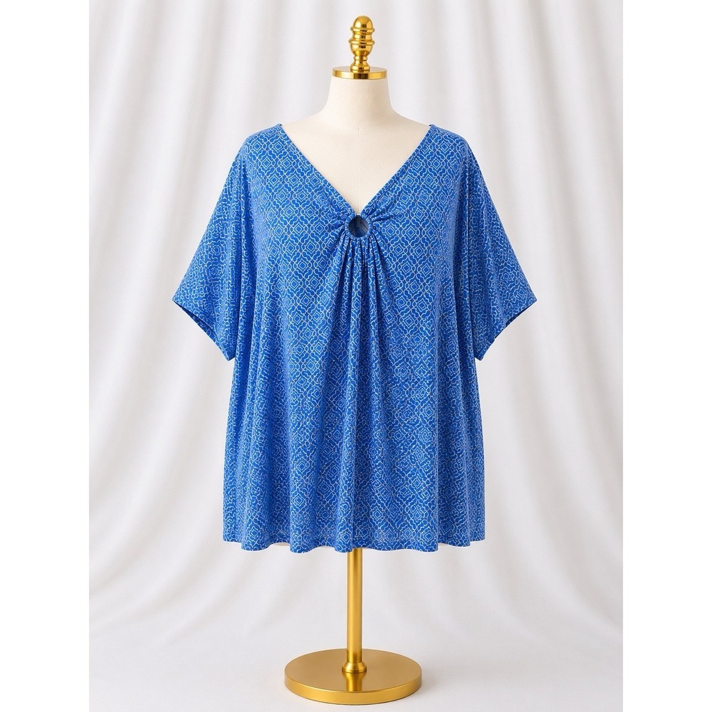 Susan Graver Liquid Knit Tunic Top Plus 3XP‎ Blue Short Sleeve O-Ring V-Neck